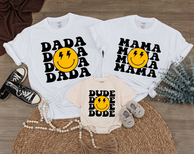 One Happy Dude Matching Family Birthday Shirts Distressed Smiley Face Retro Design Cotton Soft Playful Outfit Custom Name Baby Toddler