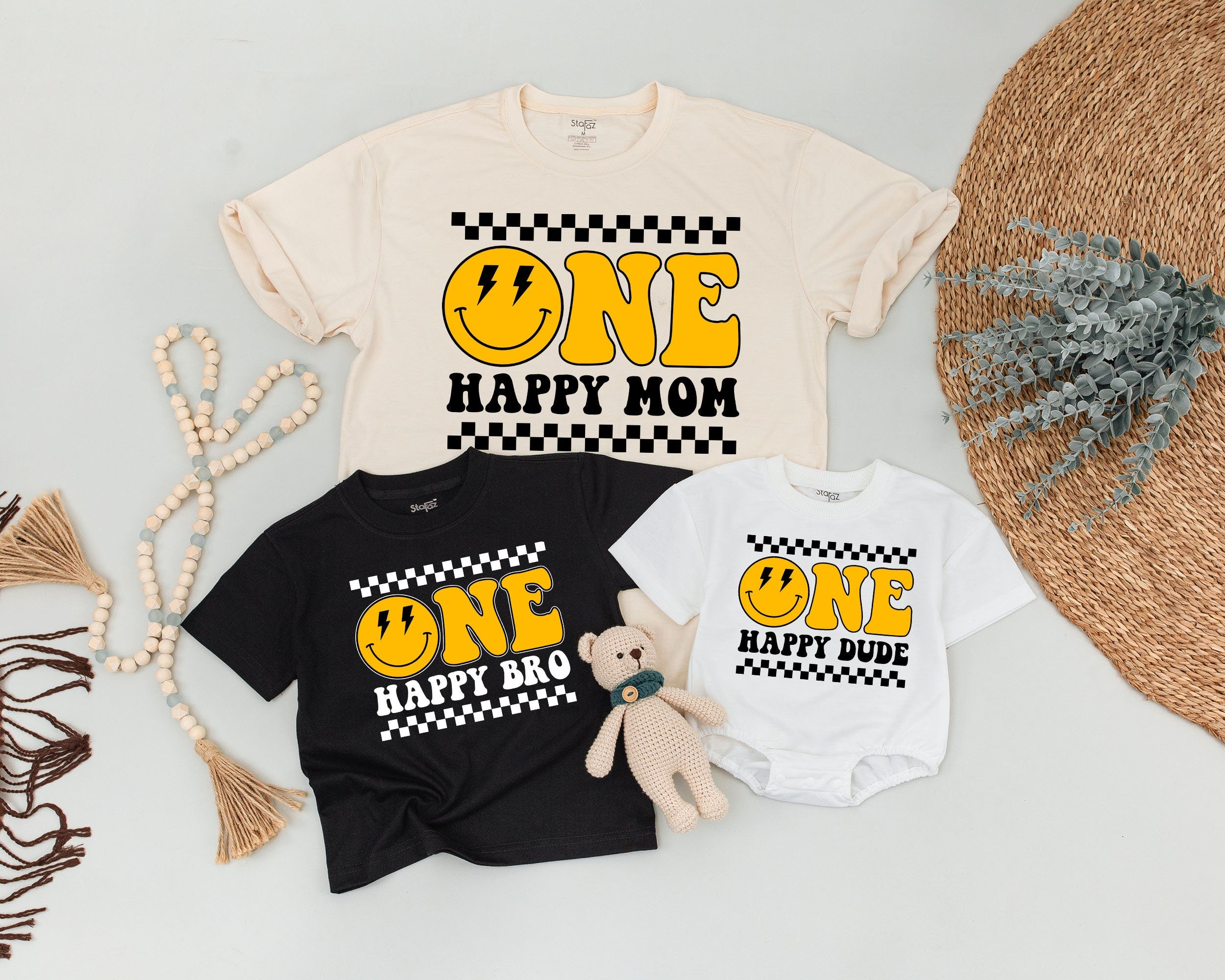 One Happy Dude Matching Family Birthday Shirts with Smiley Face Checkered Design Soft Cotton Outfit Boy Party Gift Custom Text