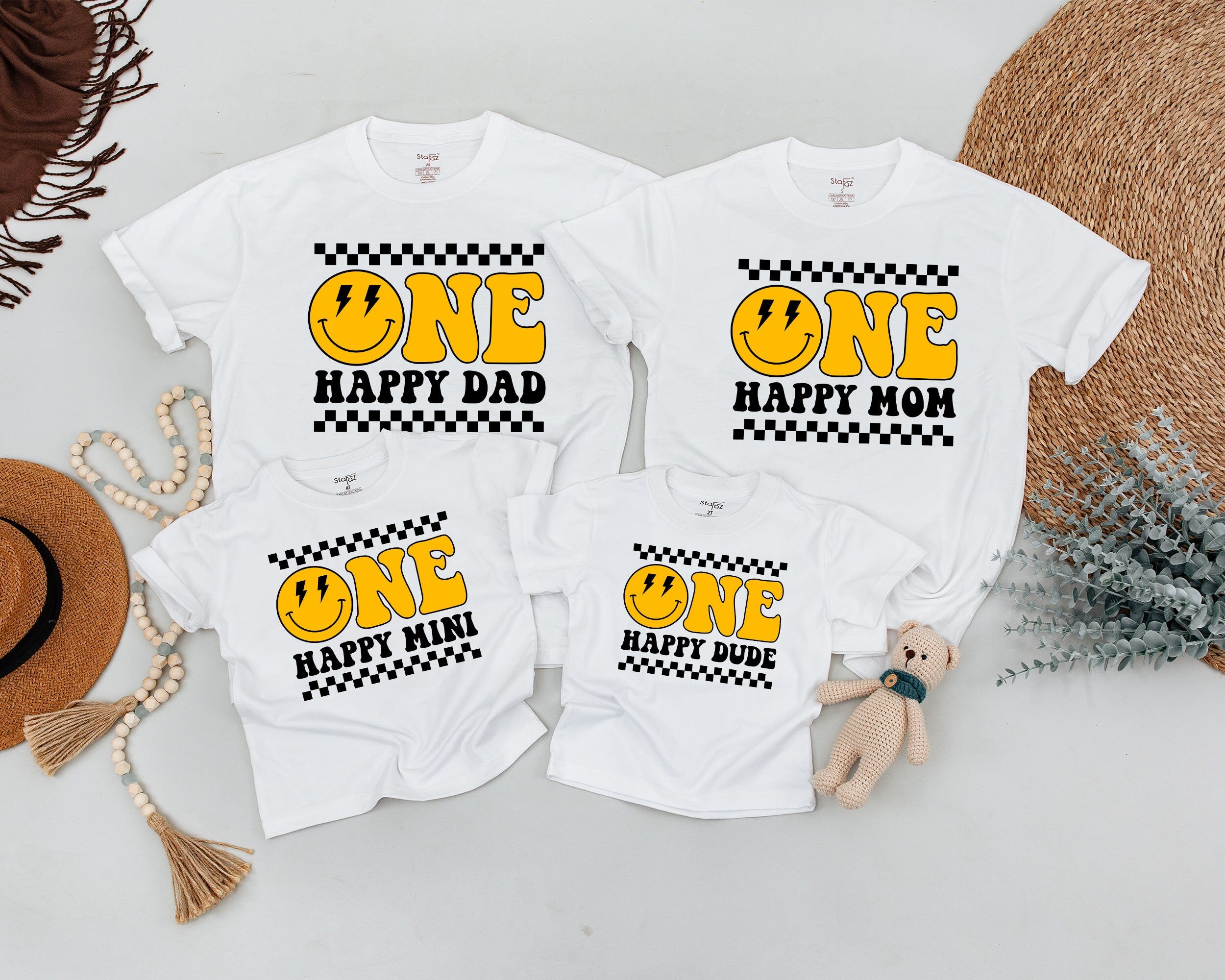 One Happy Dude Matching Family Birthday Shirts with Smiley Face Checkered Design Soft Cotton Outfit Boy Party Gift Custom Text
