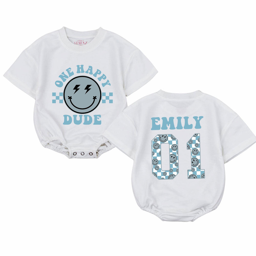 One Happy Dude Personalized First Birthday Romper with Smiley Face Retro Design Baby Outfit Custom Name and Age Cake Smash Shirt