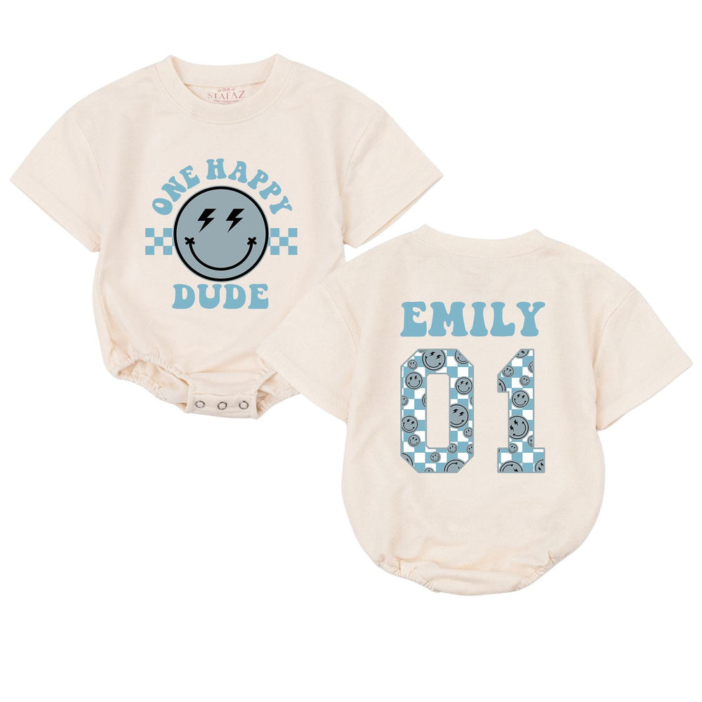 One Happy Dude Personalized First Birthday Romper with Smiley Face Retro Design Baby Outfit Custom Name and Age Cake Smash Shirt