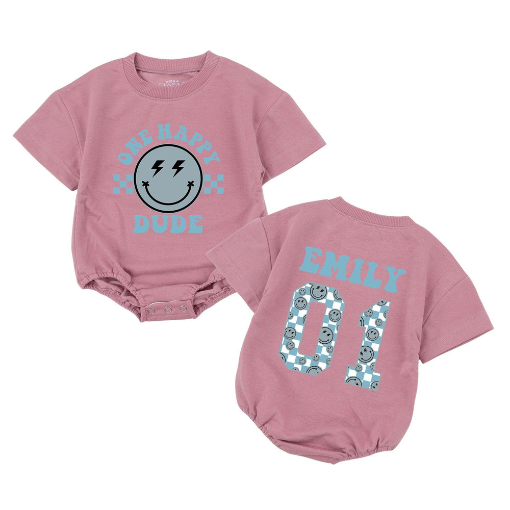 One Happy Dude Personalized First Birthday Romper with Smiley Face Retro Design Baby Outfit Custom Name and Age Cake Smash Shirt