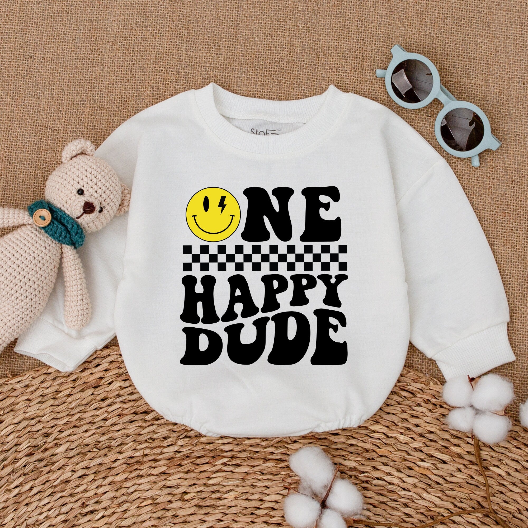 One Happy Dude Romper Wink Smiley Face Birthday Outfit Baby Boy Cake Smash Checkered Cotton Comfortable First Birthday Clothes