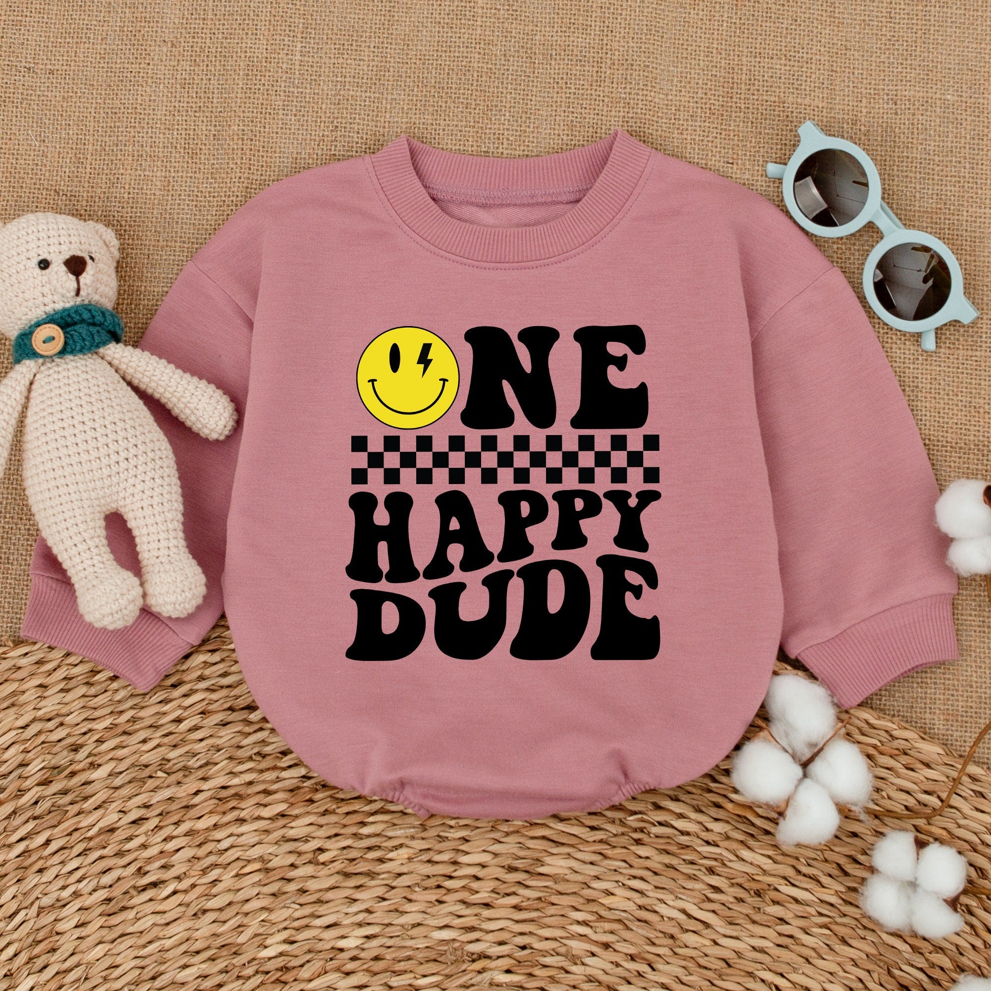 One Happy Dude Romper Wink Smiley Face Birthday Outfit Baby Boy Cake Smash Checkered Cotton Comfortable First Birthday Clothes