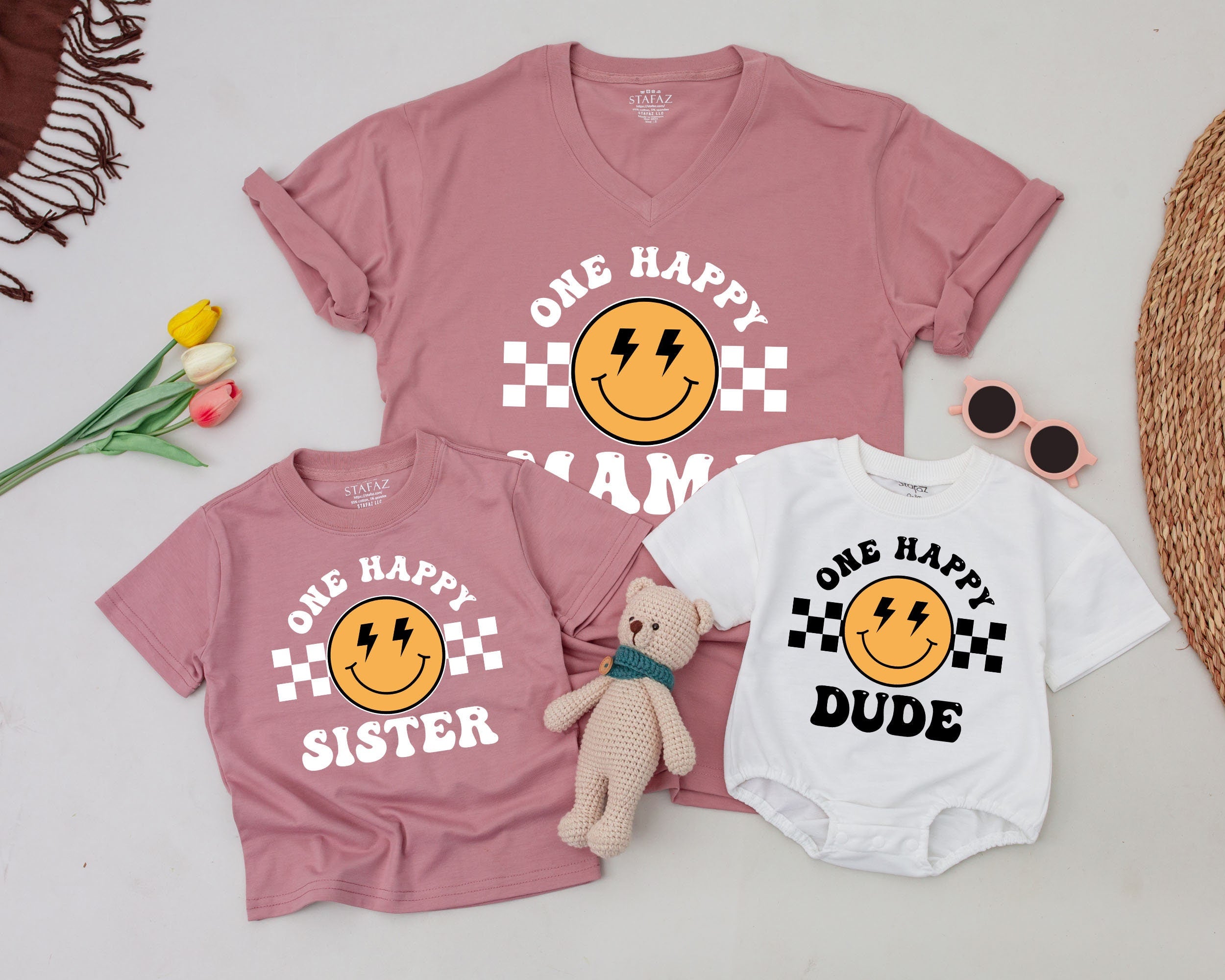 One Happy Dude Shirt Retro Smiley Face Birthday Outfit Matching Family Tees for Baby Boy Party Cotton Comfortable Bold Design Gift