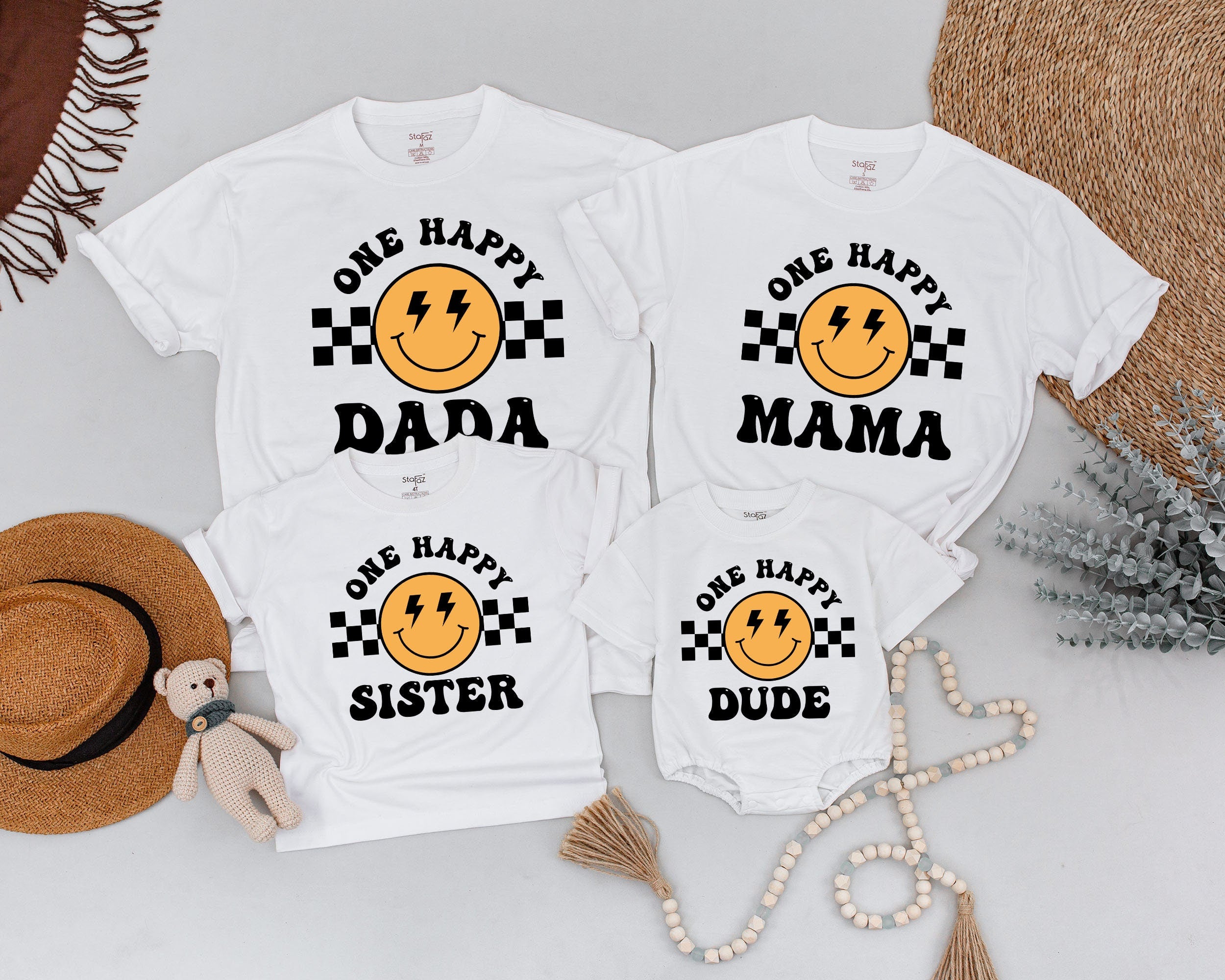 One Happy Dude Shirt Retro Smiley Face Birthday Outfit Matching Family Tees for Baby Boy Party Cotton Comfortable Bold Design Gift