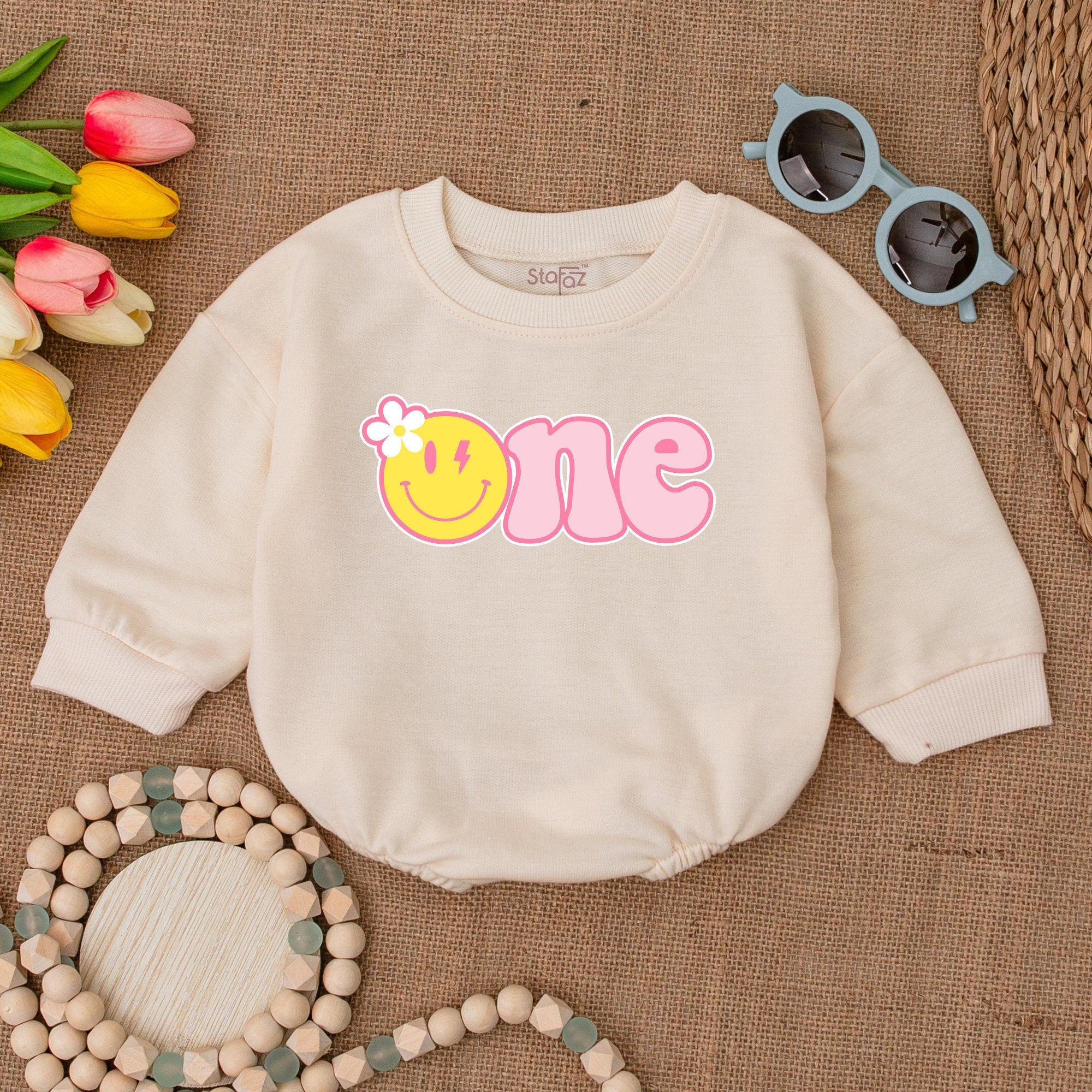 One Happy Girl Romper with Bubble Font Pink Daisy Smiley Birthday Outfit Baby Cake Smash Soft Cotton Retro Style Playful Design