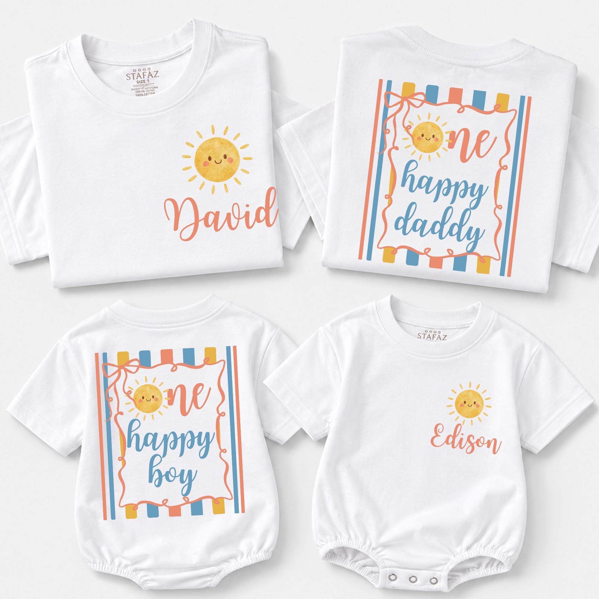 One Happy Sunshine 1st Birthday Family Matching Shirts with Custom Name, Baby Romper & Toddler Tee, Sizes NB–2XL