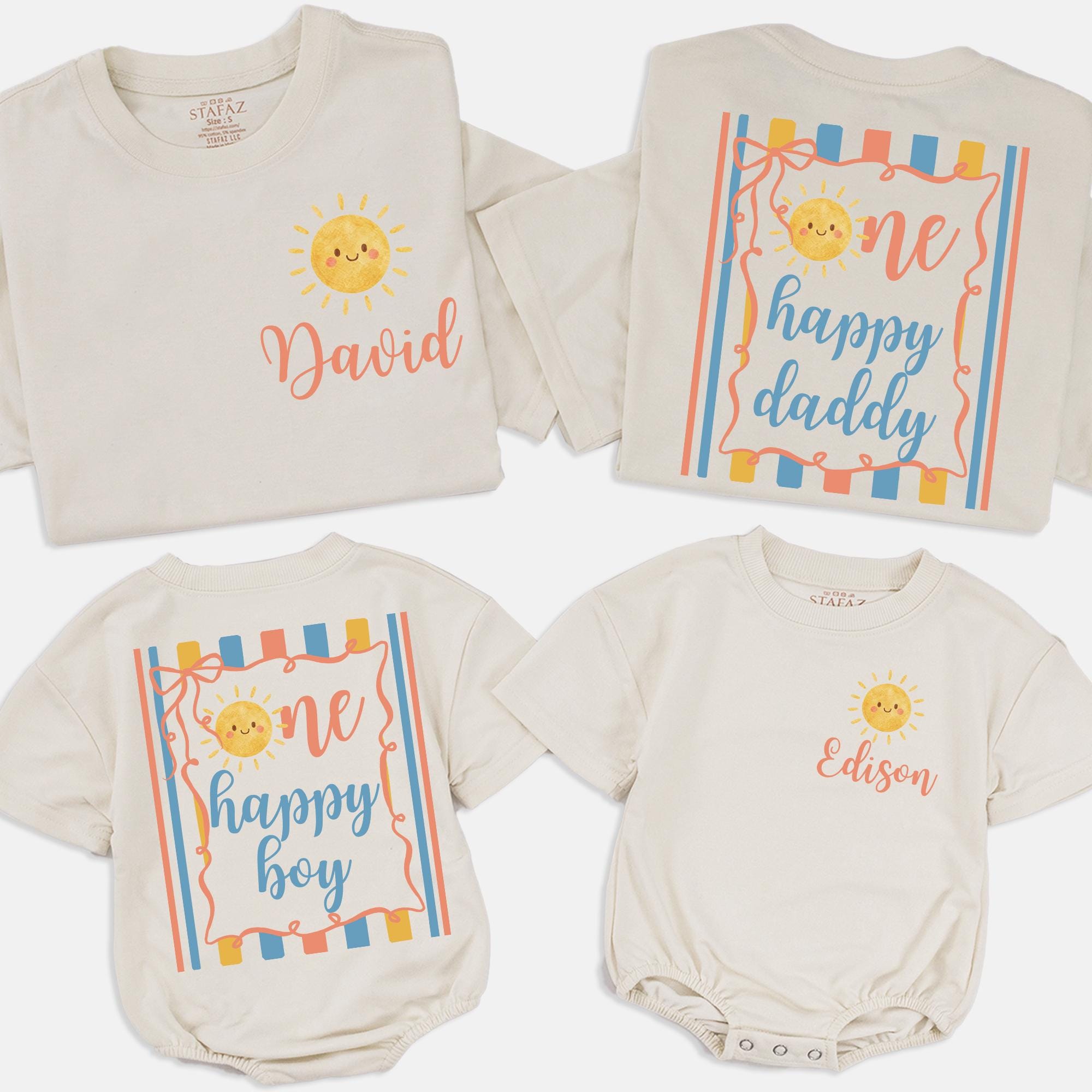 One Happy Sunshine 1st Birthday Family Matching Shirts with Custom Name, Baby Romper & Toddler Tee, Sizes NB–2XL