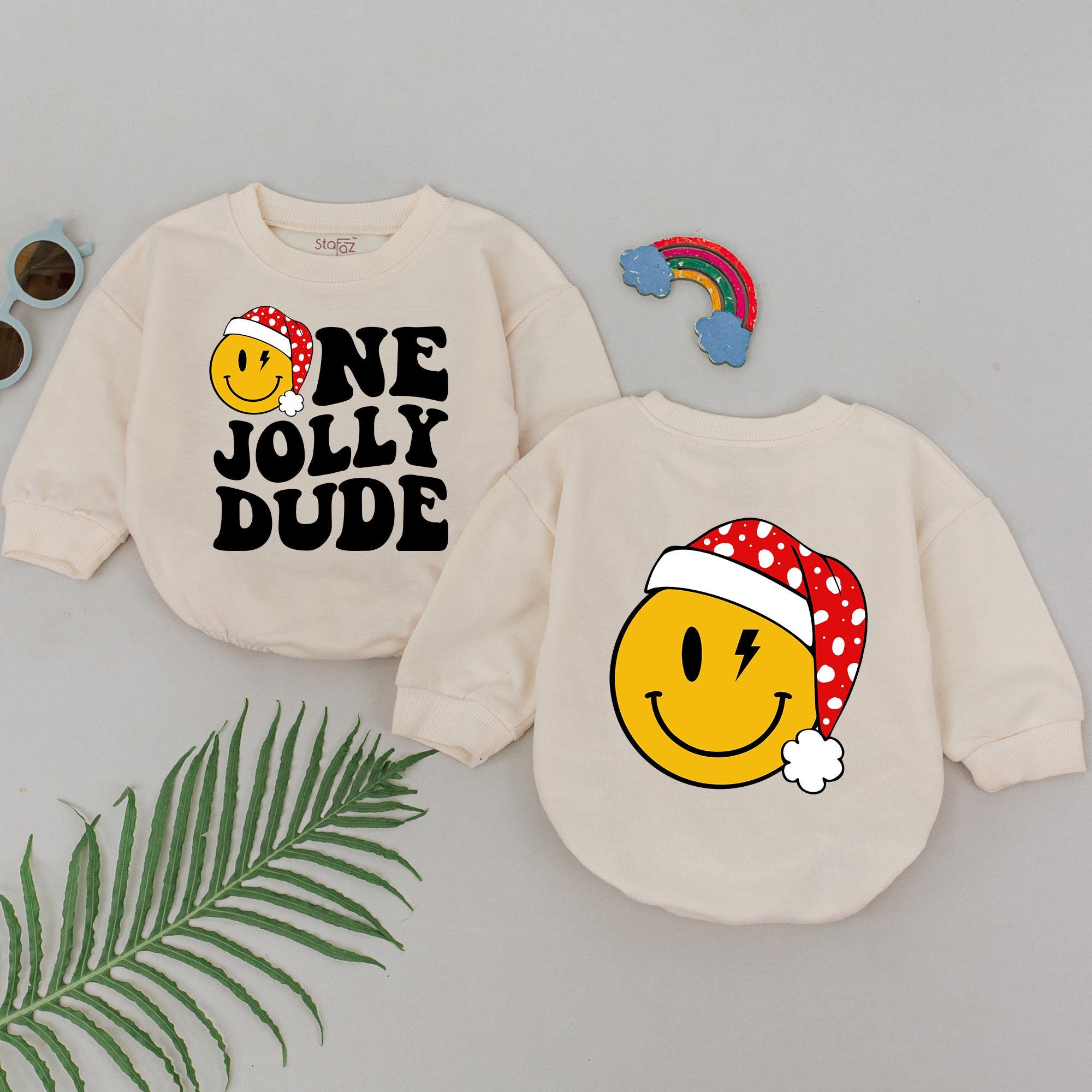 One Jolly Dude Baby Romper with Smiley Face Santa Hat Christmas Outfit for Boys Girls Holiday Gift Newborn Infant Shower Present Cotton