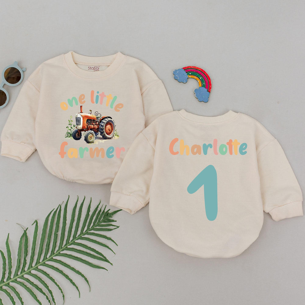 One Little Farmer First Birthday Romper with Tractor Design Custom Baby Outfit Soft Cotton Farm Theme Personalized Gift for Toddler Boy Girl