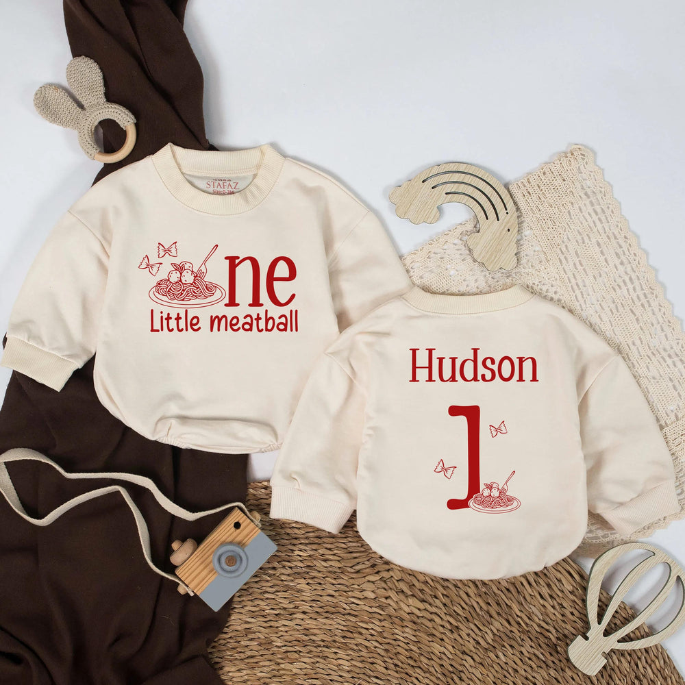 One Little Meatball First Birthday Outfit Personalized Baby Boy Spaghetti Romper Cute Pasta Party Shirt for Cake Smash Celebration
