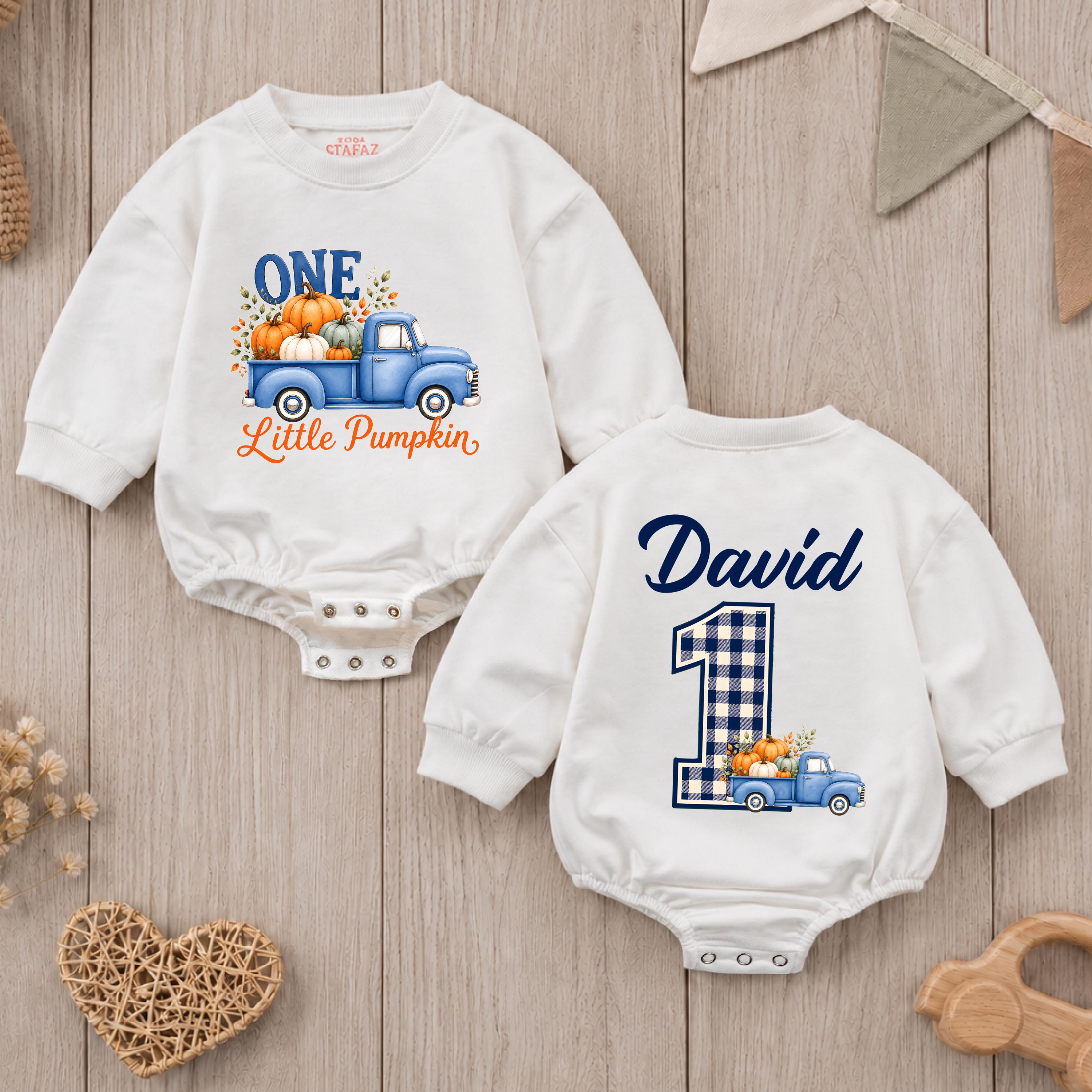 One Little Pumpkin Baby Romper with Blue Truck Graphic, Personalized Name and Number, 1st Birthday Fall Outfit for Boys