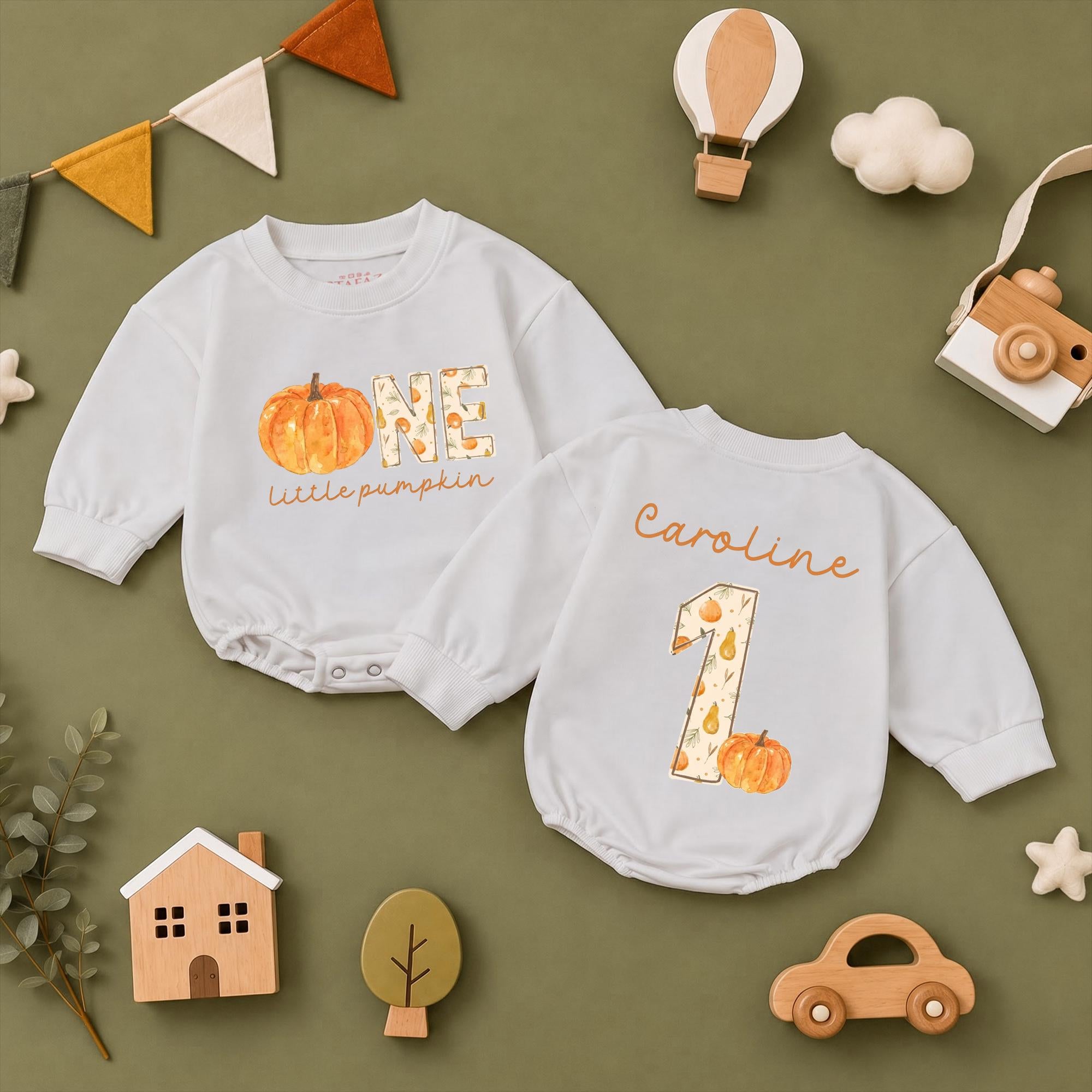 One Little Pumpkin Baby Romper with Custom Name, 1st Birthday Fall Outfit, Thanksgiving Pumpkin Patch Baby Shower Gift