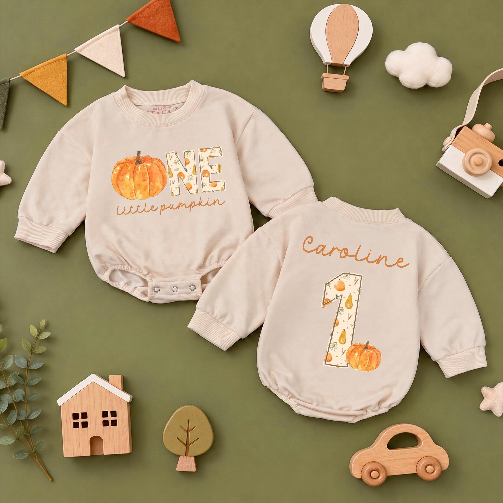 One Little Pumpkin Baby Romper with Custom Name, 1st Birthday Fall Outfit, Thanksgiving Pumpkin Patch Baby Shower Gift