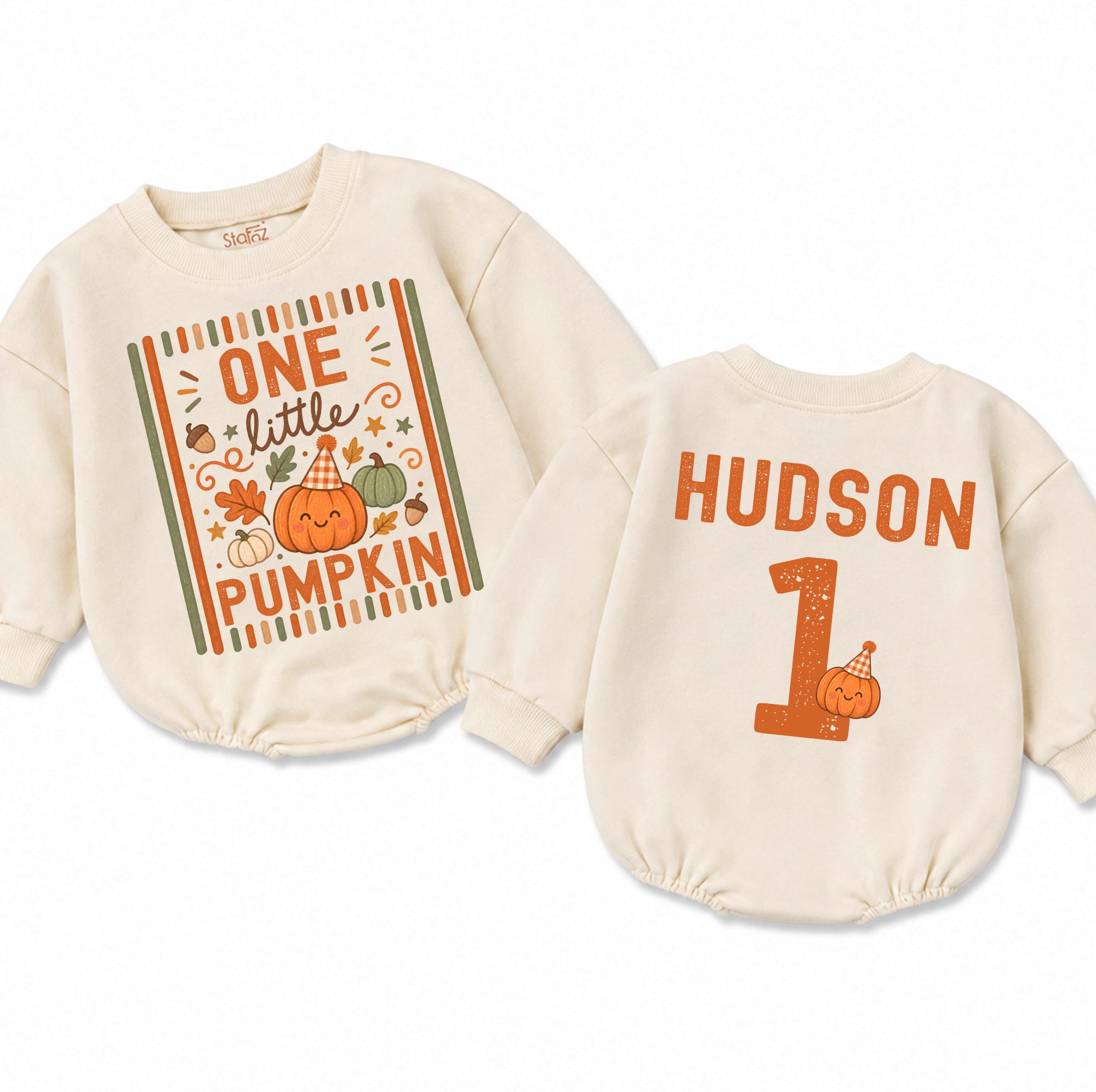 One Little Pumpkin Baby Romper with Custom Name and Number, Fall Birthday Outfit, Pumpkin Patch Toddler Clothes for Autumn Celebrations