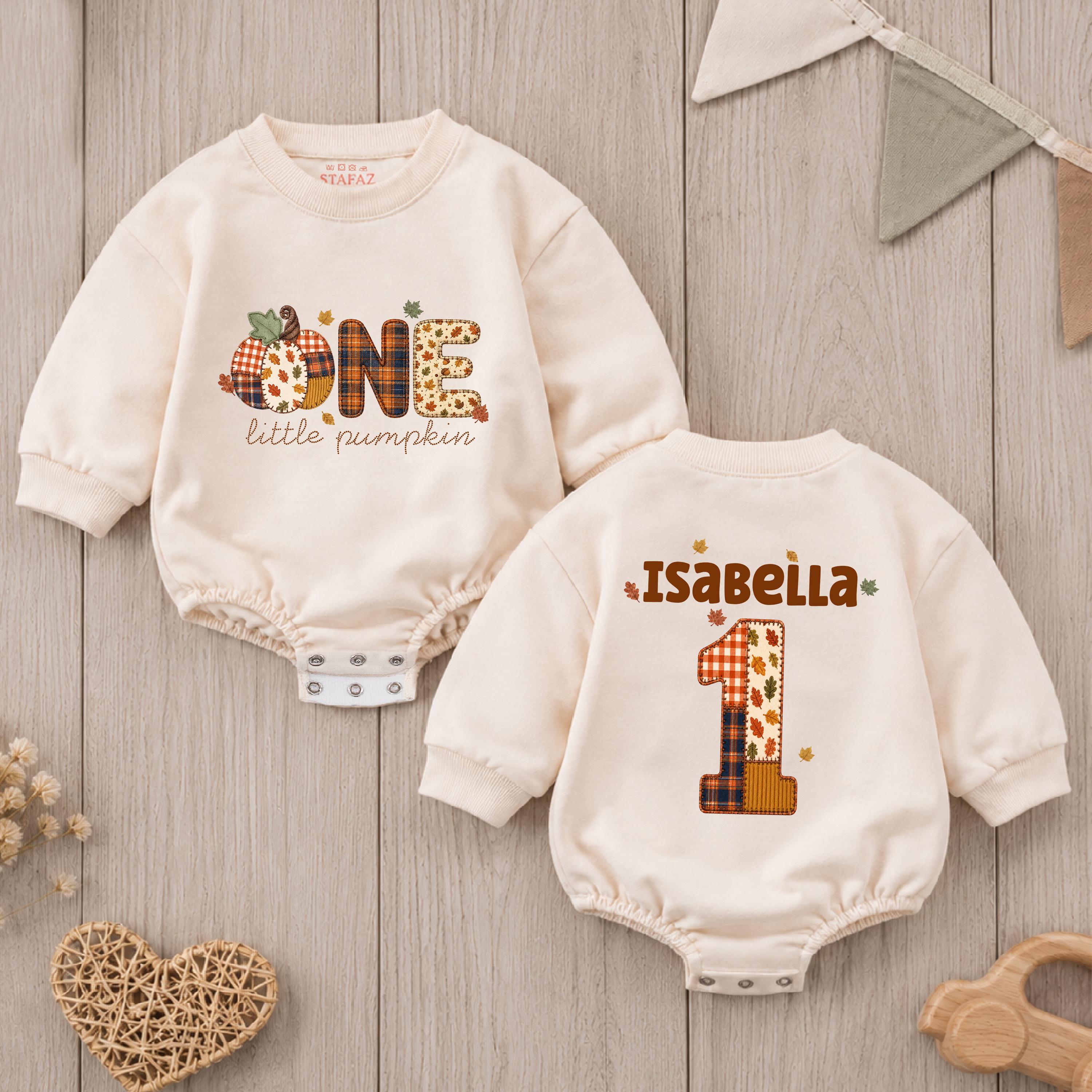 One Little Pumpkin Baby Romper with Patchwork Fall Design and Custom Name, 1st Birthday Outfit for Cake Smash or Pumpkin Patch Photos