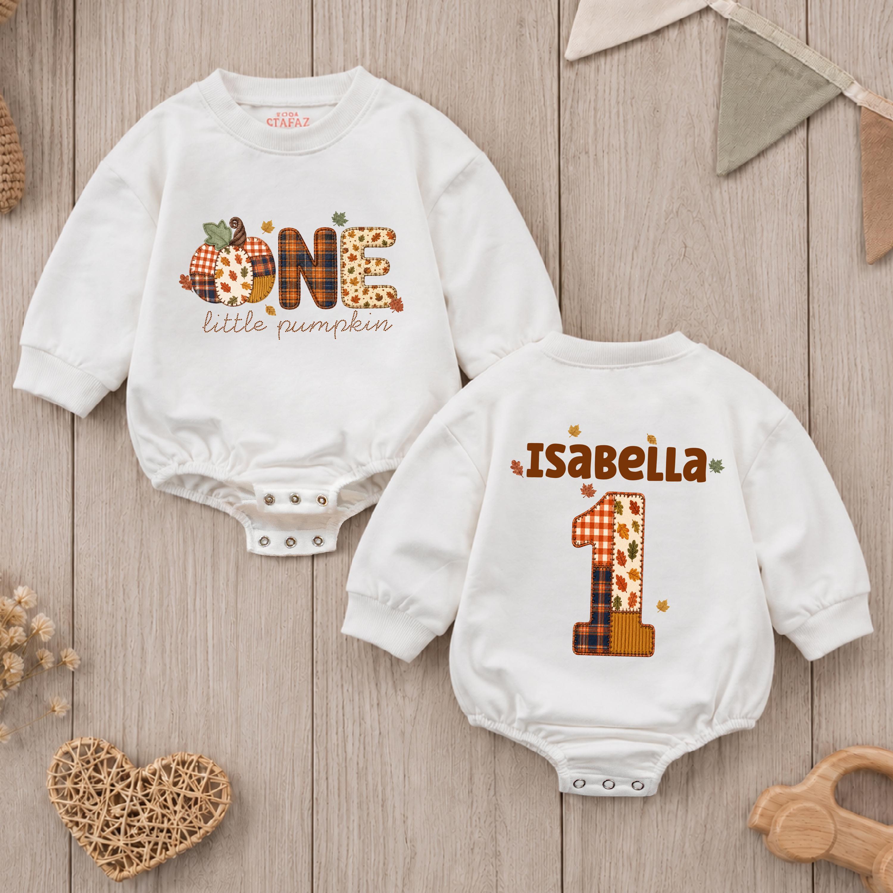 One Little Pumpkin Baby Romper with Patchwork Fall Design and Custom Name, 1st Birthday Outfit for Cake Smash or Pumpkin Patch Photos