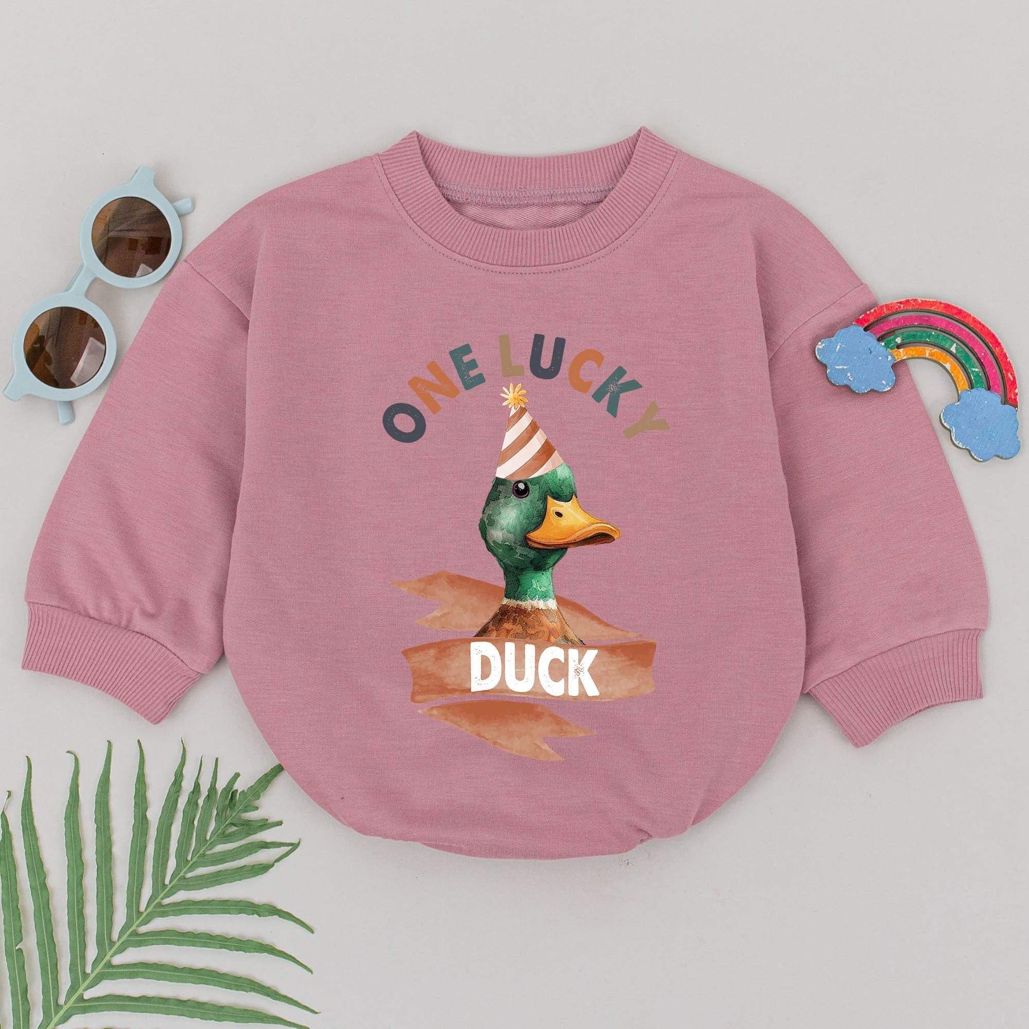 One Lucky Duck 1st Birthday Romper Baby Outfit with Festive Duck Party Hat Design Warm Earthy Colors Comfortable Cotton Gift