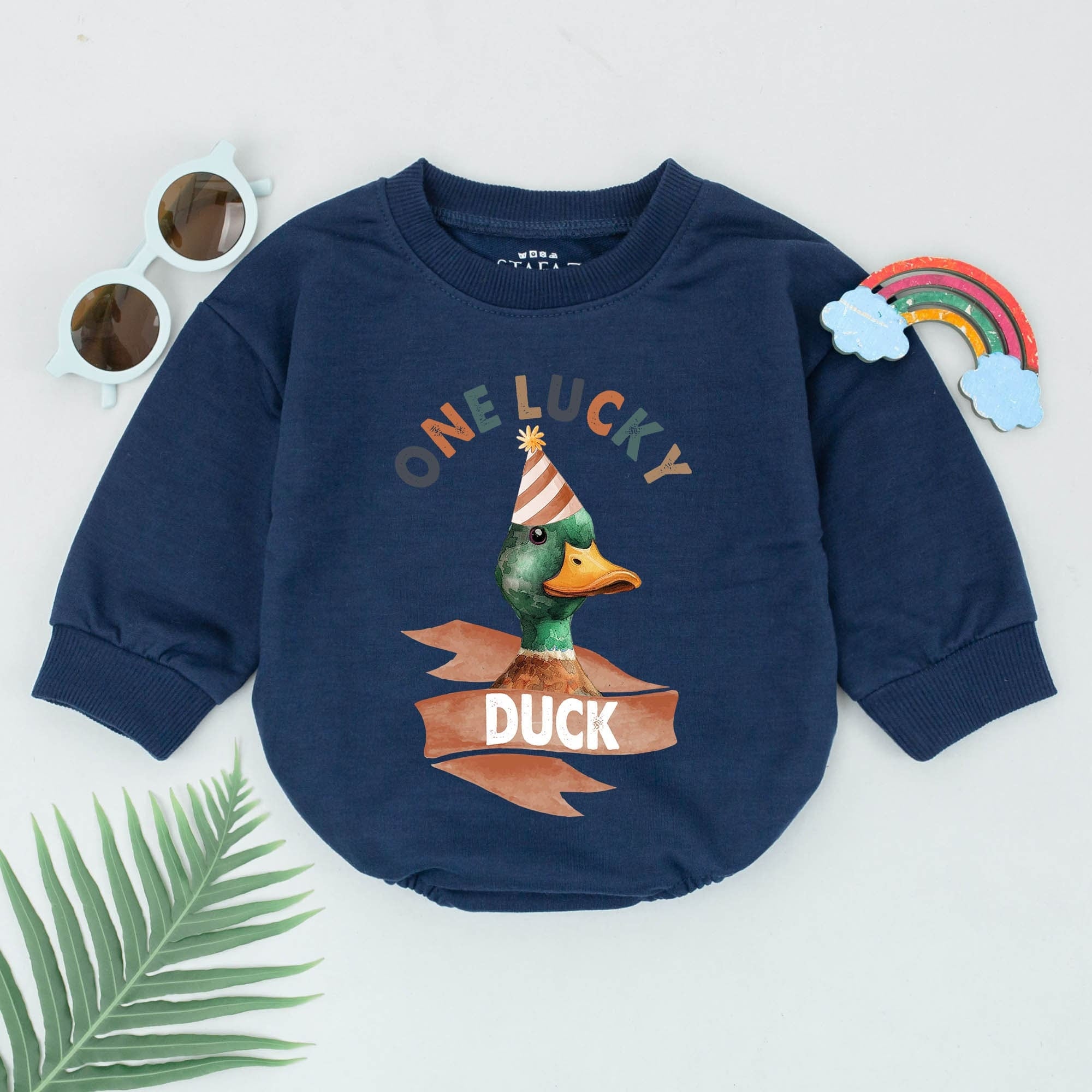 One Lucky Duck 1st Birthday Romper Baby Outfit with Festive Duck Party Hat Design Warm Earthy Colors Comfortable Cotton Gift