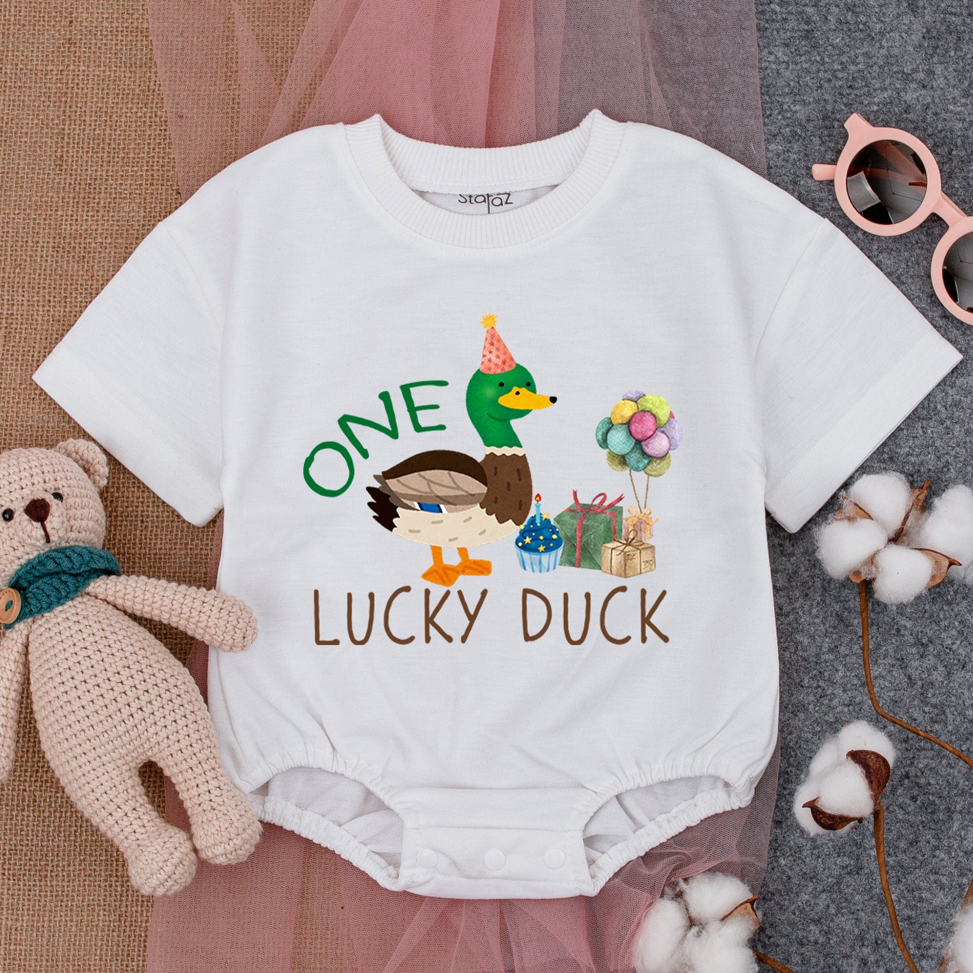 ONE Lucky Duck Baby Romper 1st Birthday Outfit with Party Hat and Balloons Soft Cotton Comfortable Playful Design Boy Toddler Celebration