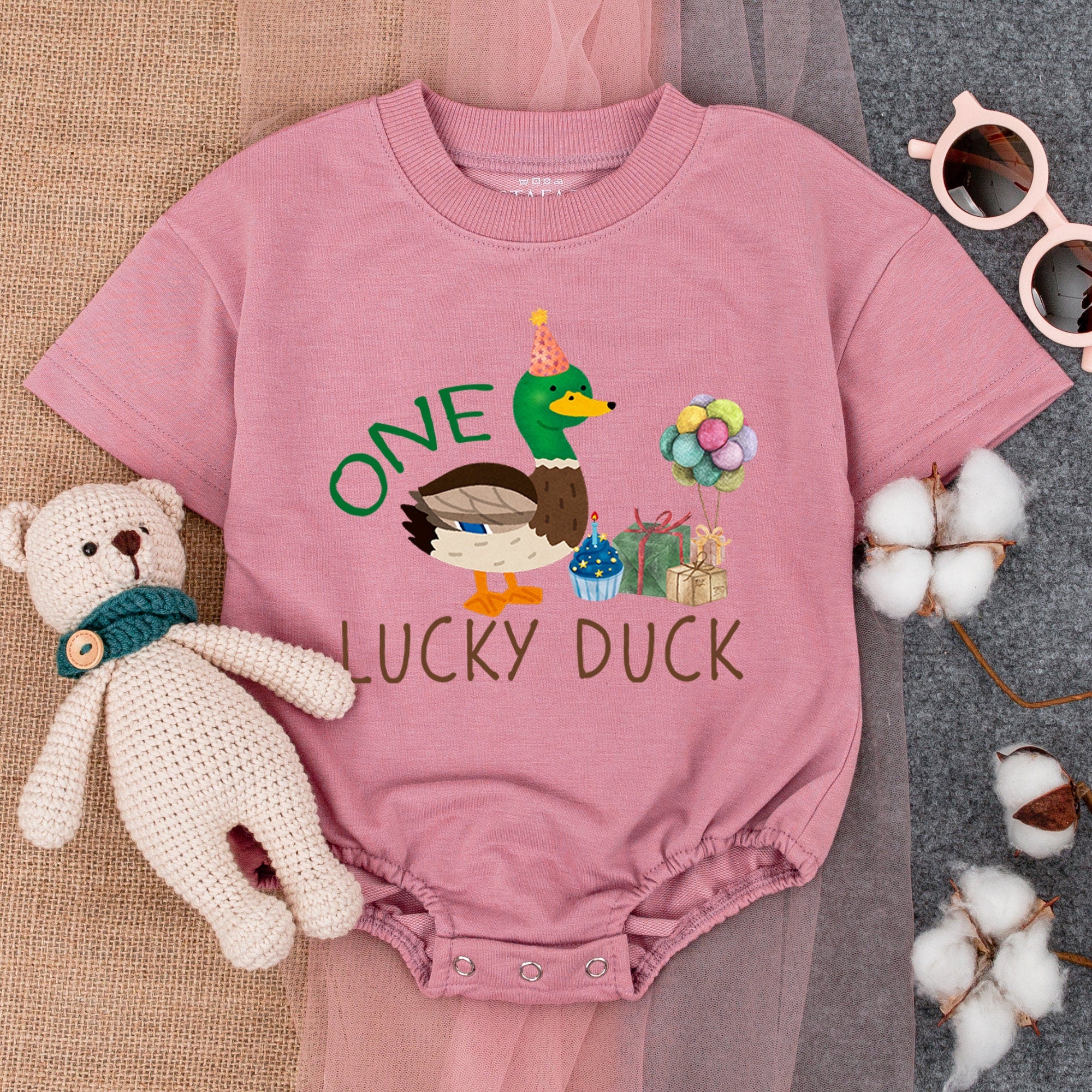 ONE Lucky Duck Baby Romper 1st Birthday Outfit with Party Hat and Balloons Soft Cotton Comfortable Playful Design Boy Toddler Celebration