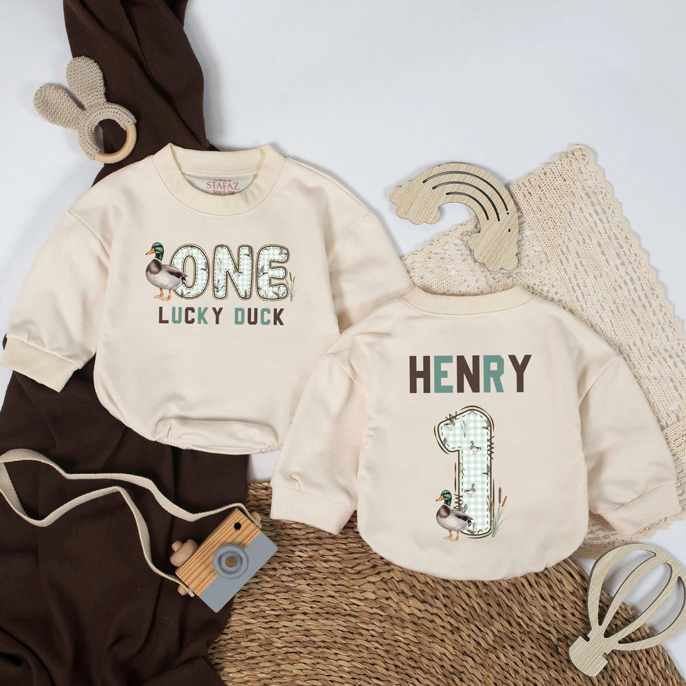 One Lucky Duck Baby Romper Personalized 1st Birthday Outfit for Boys Custom Name Sage Green Woodland Mallard Duck Theme Bodysuit Gift