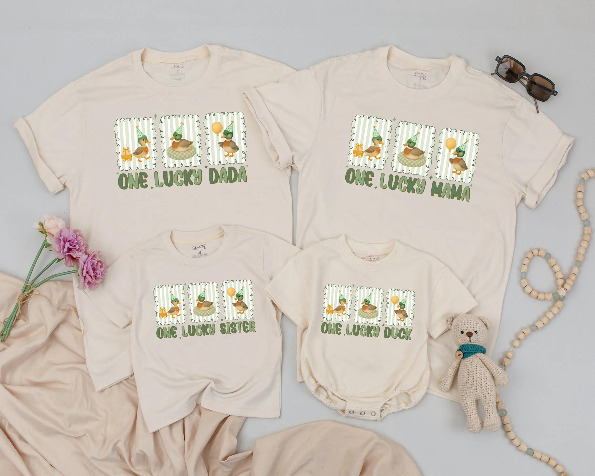 One Lucky Duck Birthday Matching Shirts Custom Family Outfit, Baby Toddler Tee with Vintage Green Stripes and Watercolor Party Ducks
