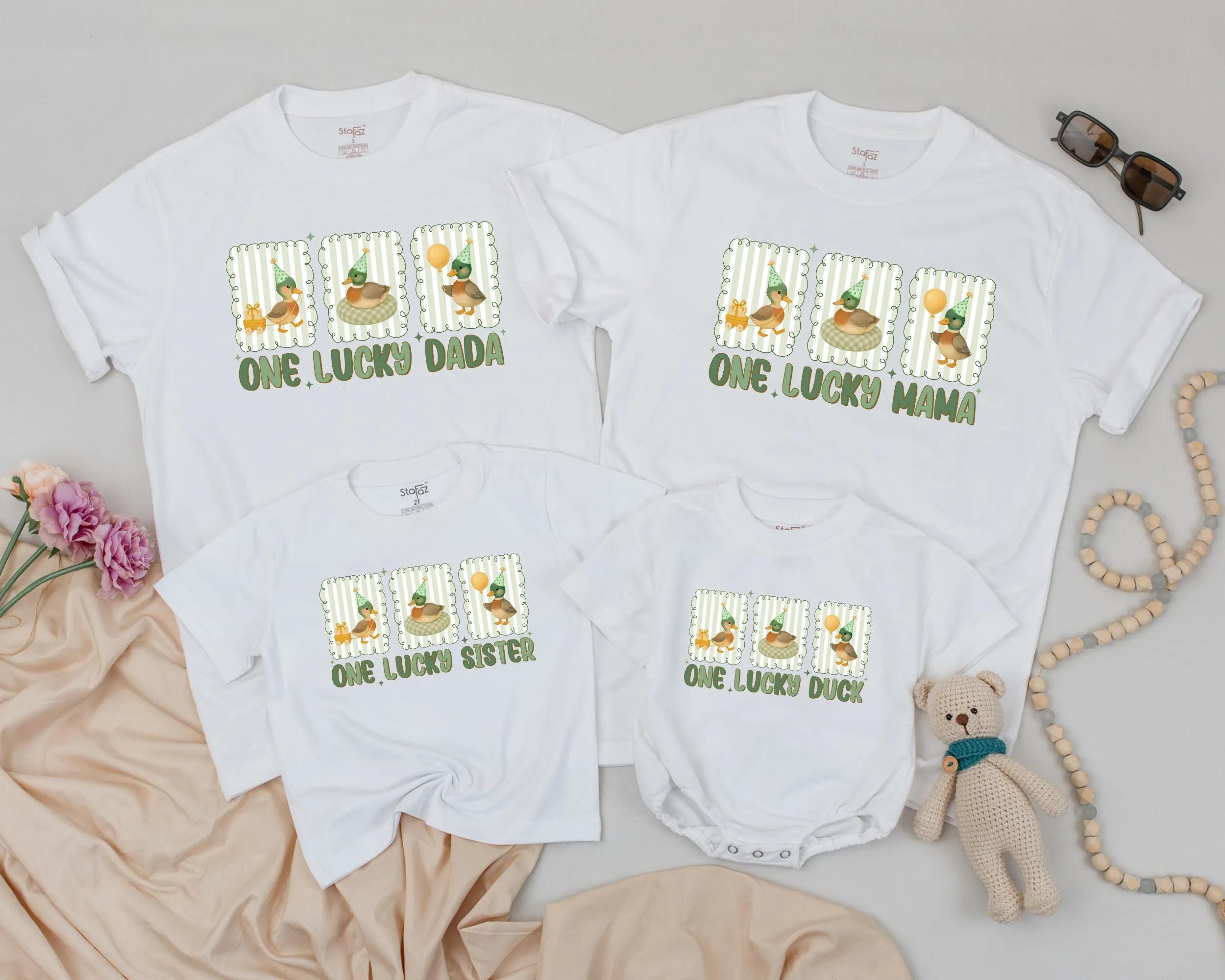 One Lucky Duck Birthday Matching Shirts Custom Family Outfit, Baby Toddler Tee with Vintage Green Stripes and Watercolor Party Ducks