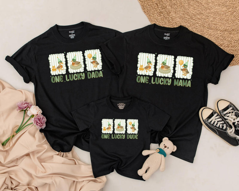 One Lucky Duck Birthday Matching Shirts Custom Family Outfit, Baby Toddler Tee with Vintage Green Stripes and Watercolor Party Ducks