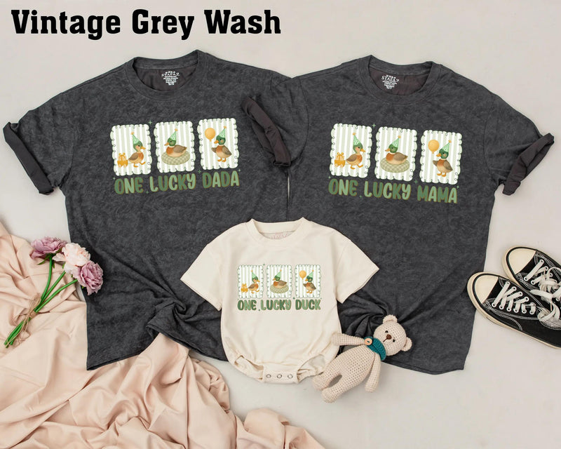 One Lucky Duck Birthday Matching Shirts Custom Family Outfit, Baby Toddler Tee with Vintage Green Stripes and Watercolor Party Ducks
