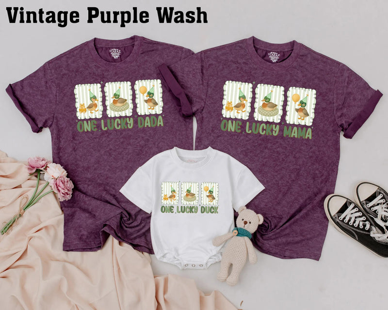 One Lucky Duck Birthday Matching Shirts Custom Family Outfit, Baby Toddler Tee with Vintage Green Stripes and Watercolor Party Ducks