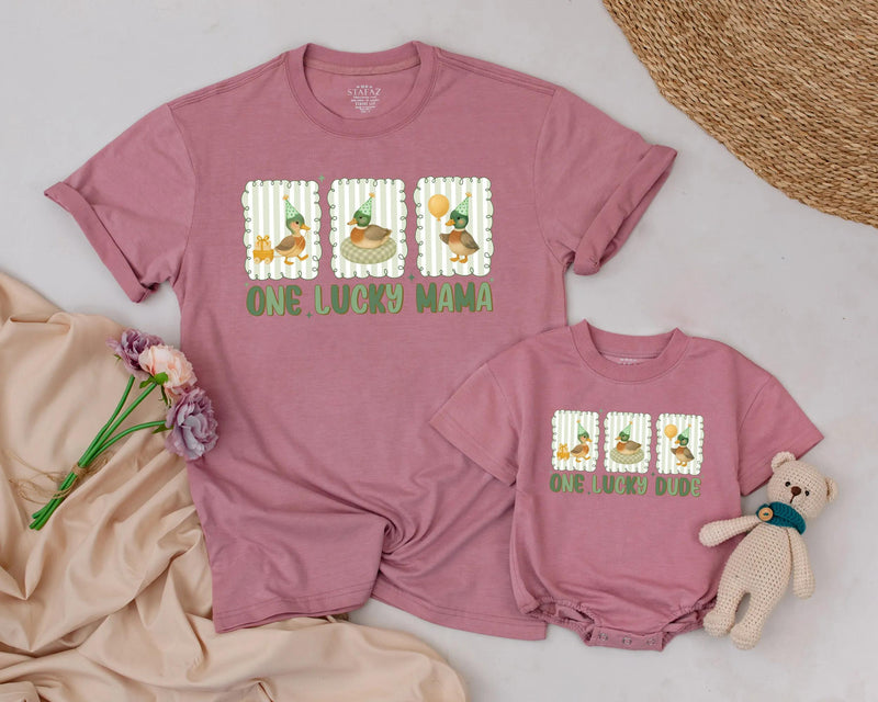 One Lucky Duck Birthday Matching Shirts Custom Family Outfit, Baby Toddler Tee with Vintage Green Stripes and Watercolor Party Ducks