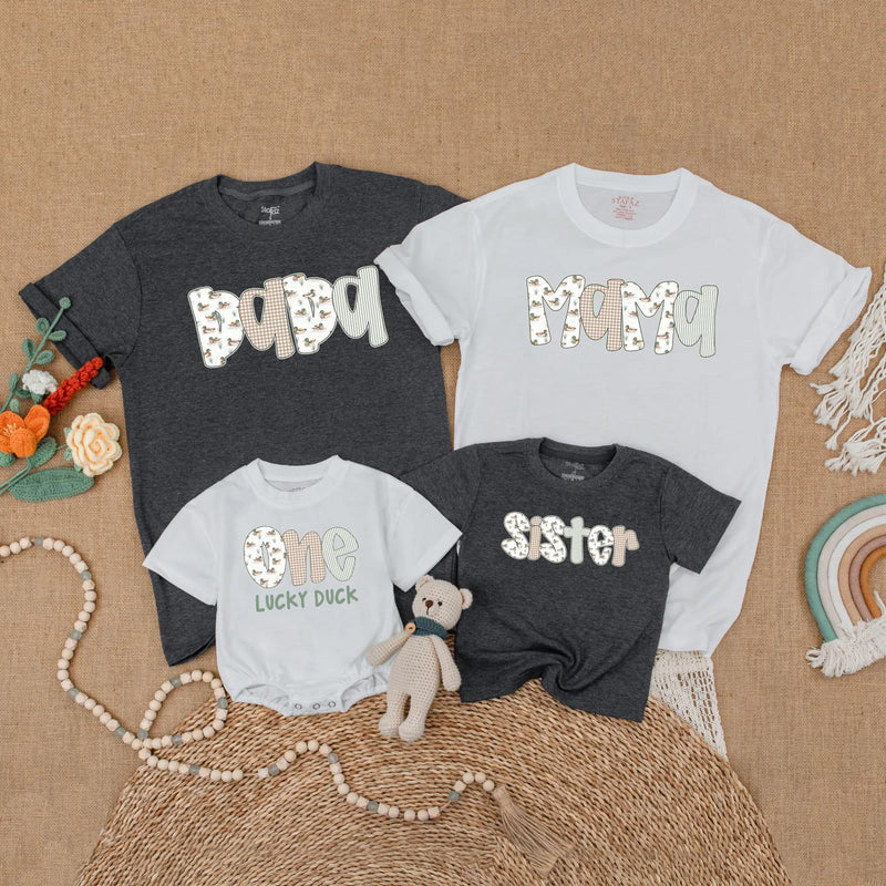 One Lucky Duck Birthday Shirt with Matching Family Outfit Theme, Personalized 1st Birthday Toddler Romper, Mom Dad Sister Baby Gift