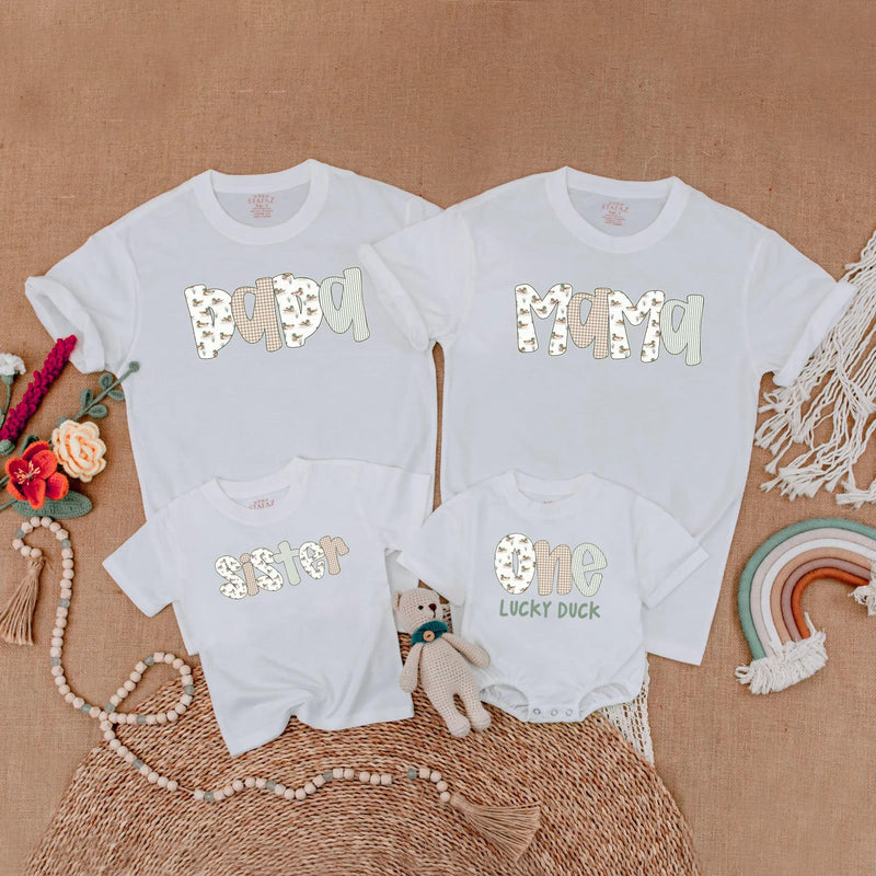 One Lucky Duck Birthday Shirt with Matching Family Outfit Theme, Personalized 1st Birthday Toddler Romper, Mom Dad Sister Baby Gift