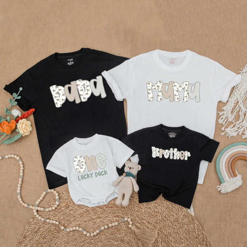 One Lucky Duck Birthday Shirt with Matching Family Outfit Theme, Personalized 1st Birthday Toddler Romper, Mom Dad Sister Baby Gift
