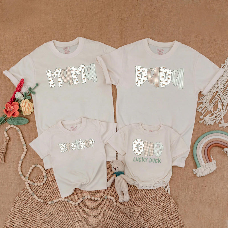 One Lucky Duck Birthday Shirt with Matching Family Outfit Theme, Personalized 1st Birthday Toddler Romper, Mom Dad Sister Baby Gift