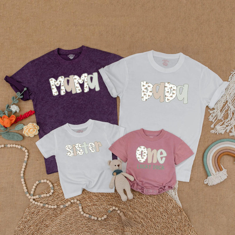 One Lucky Duck Birthday Shirt with Matching Family Outfit Theme, Personalized 1st Birthday Toddler Romper, Mom Dad Sister Baby Gift