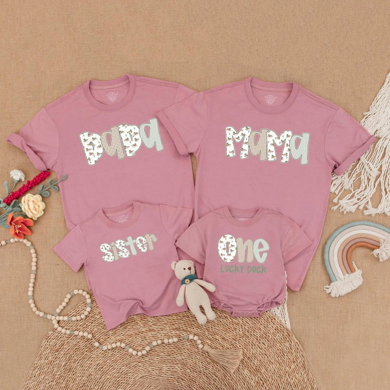 One Lucky Duck Birthday Shirt with Matching Family Outfit Theme, Personalized 1st Birthday Toddler Romper, Mom Dad Sister Baby Gift
