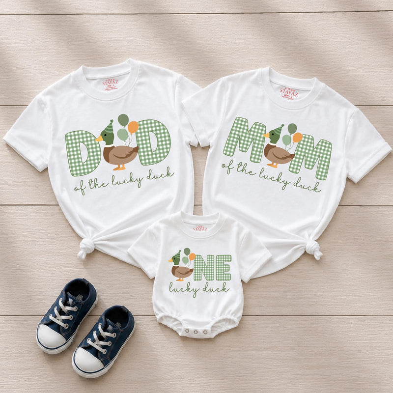 One Lucky Duck Family Birthday Shirts with Custom Name, Matching Mom Dad and Baby Outfits, First Birthday Romper for Cake Smash