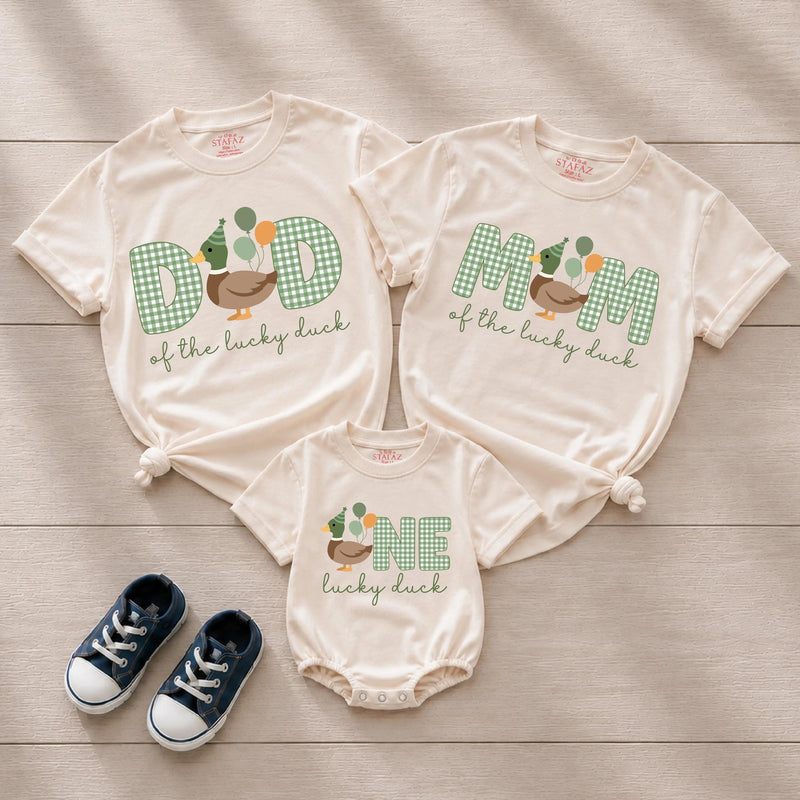 One Lucky Duck Family Birthday Shirts with Custom Name, Matching Mom Dad and Baby Outfits, First Birthday Romper for Cake Smash
