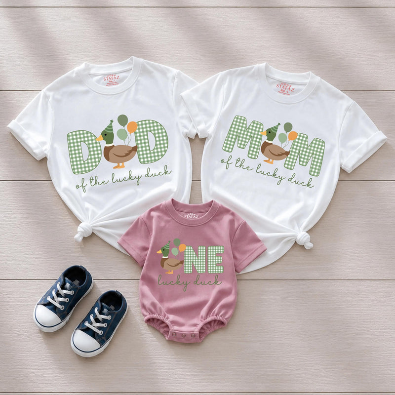 One Lucky Duck Family Birthday Shirts with Custom Name, Matching Mom Dad and Baby Outfits, First Birthday Romper for Cake Smash
