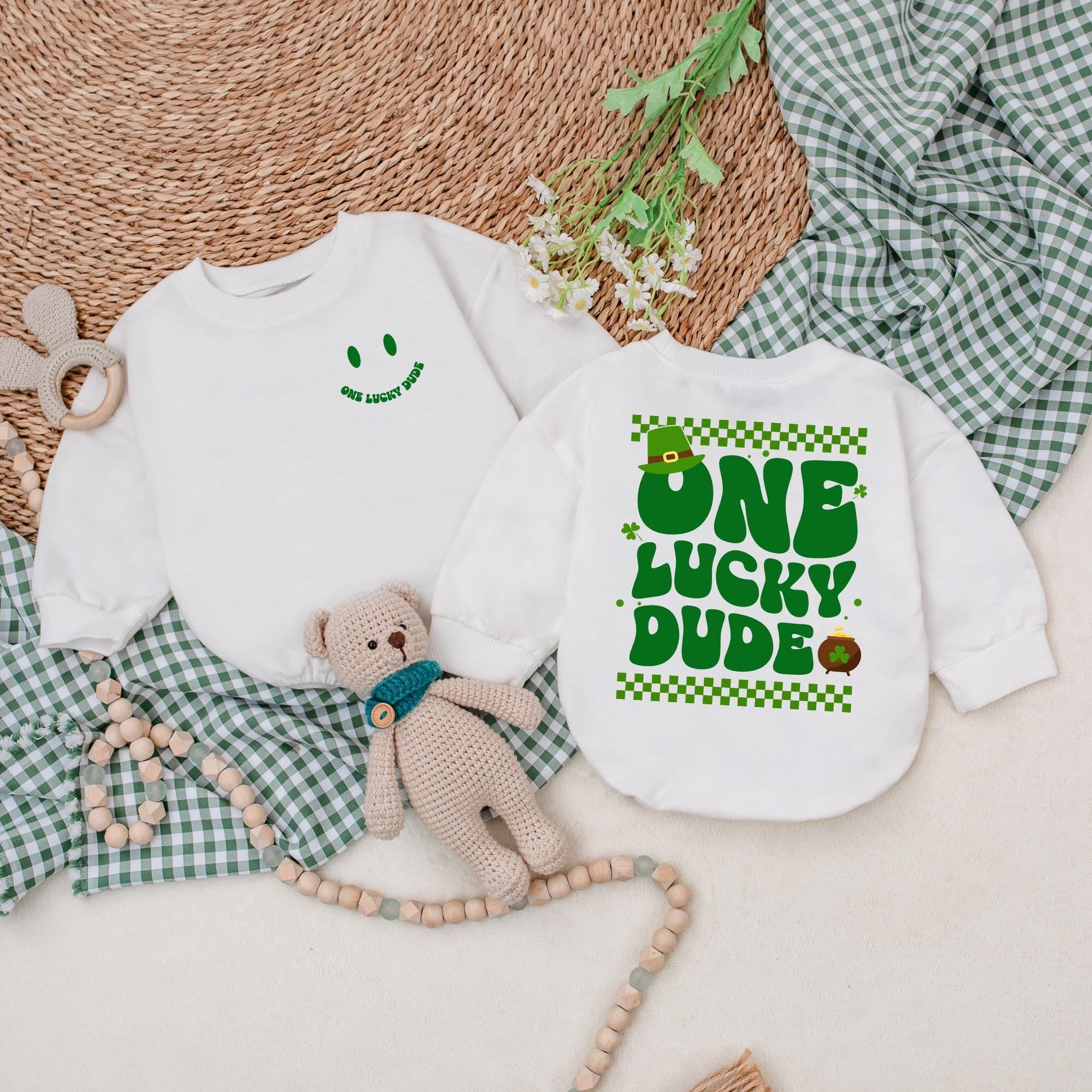 One Lucky Dude Baby Romper Retro Green Clover Bodysuit St. Patrick's Day Outfit Baby Boy First Holiday Gift Fun Design