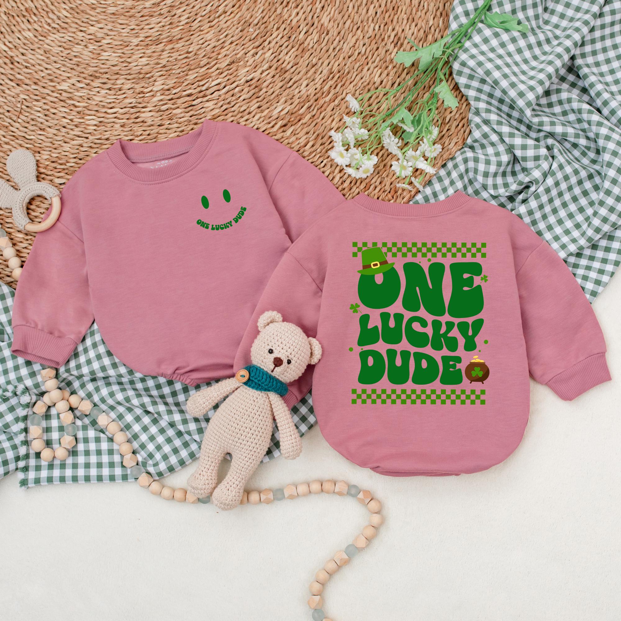 One Lucky Dude Baby Romper Retro Green Clover Bodysuit St. Patrick's Day Outfit Baby Boy First Holiday Gift Fun Design