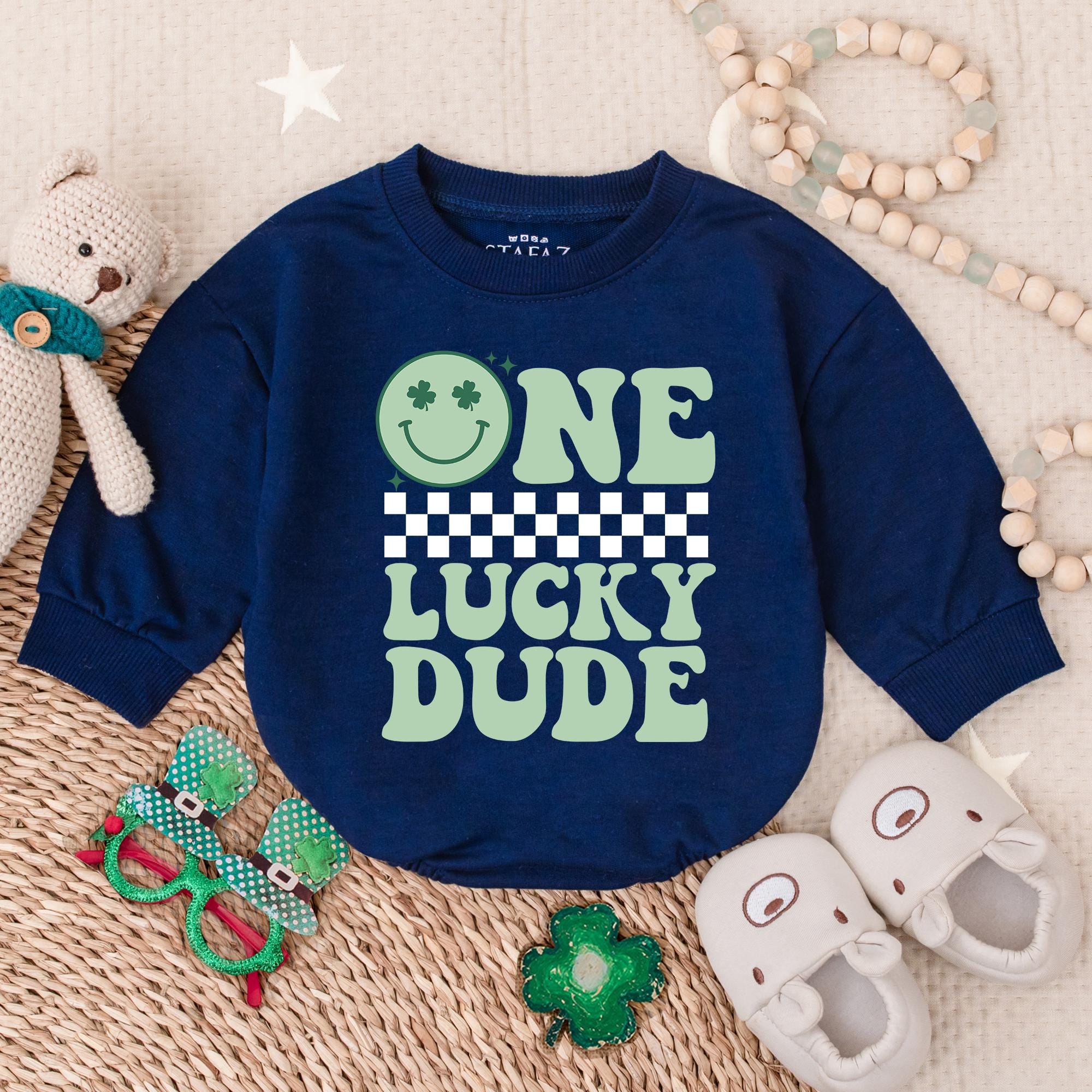 One Lucky Dude Baby Romper St Patrick's Day Outfit Green Smiley Shamrock Eyes Checkered Pattern Cotton Comfortable Newborn Holiday Gift
