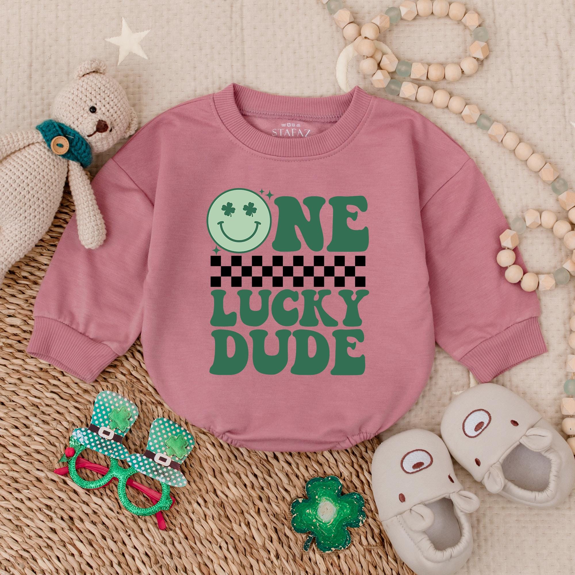 One Lucky Dude Baby Romper St Patrick's Day Outfit Green Smiley Shamrock Eyes Checkered Pattern Cotton Comfortable Newborn Holiday Gift