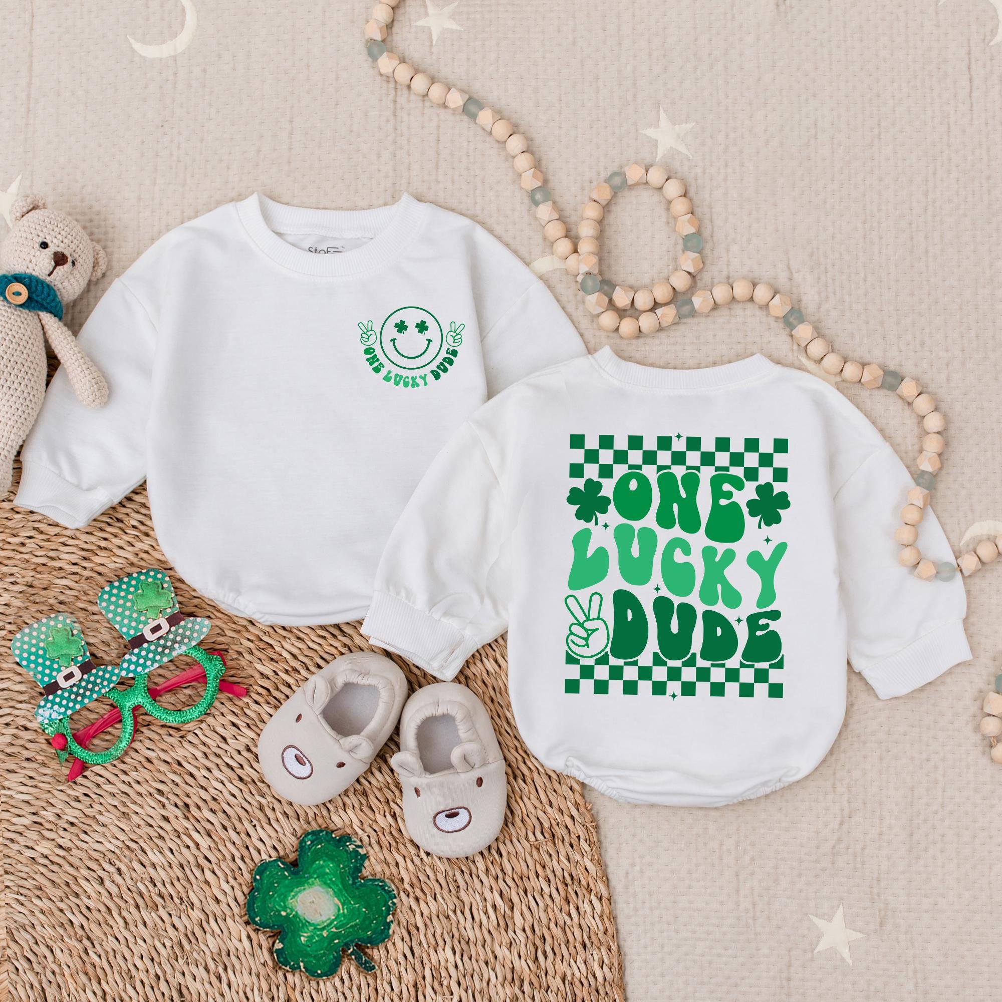 One Lucky Dude Baby Romper St Patrick's Day Outfit Light Mauve Bodysuit Irish Infant Clothes Fun Green Checkered Smiley Face Design