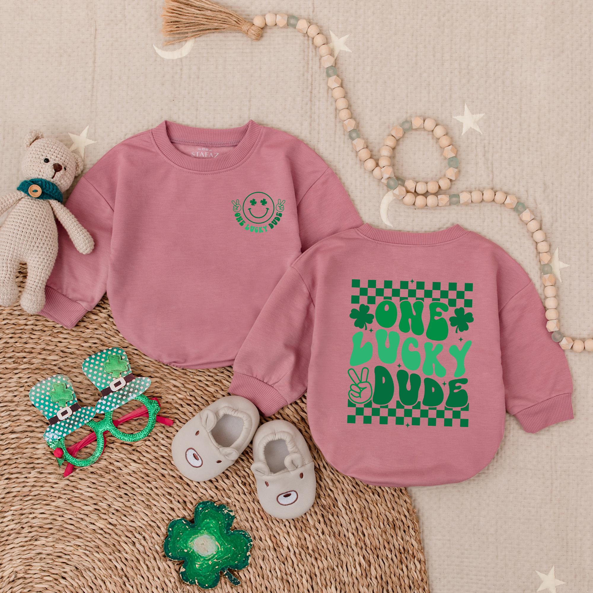One Lucky Dude Baby Romper St Patrick's Day Outfit Light Mauve Bodysuit Irish Infant Clothes Fun Green Checkered Smiley Face Design