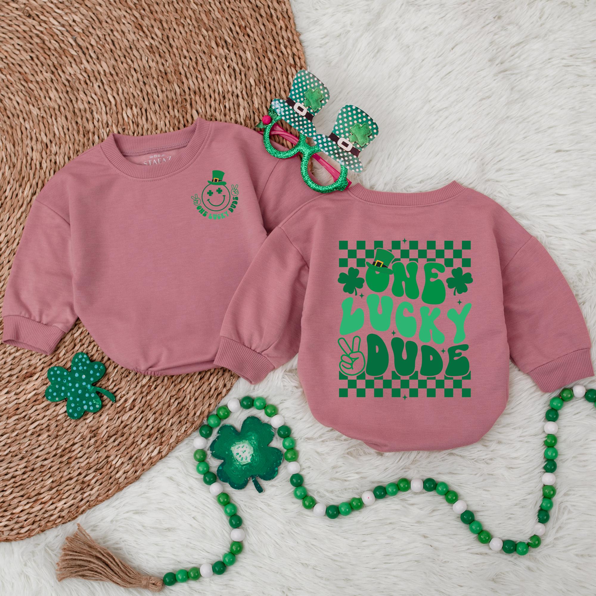 One Lucky Dude St. Patrick's Day Baby Romper Toddler Outfit with Leprechaun Hat Shamrock Design Holiday Gift Soft Cotton Infant Wear