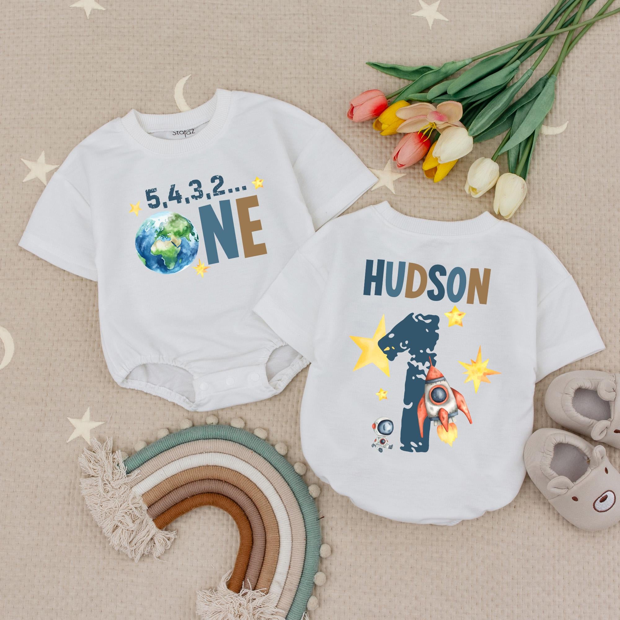 5, 4, 3, 2... ONE Outer Space Baby Romper with Custom Name, 1st Trip Around the Sun Birthday Outfit, Rocket & Planet Design